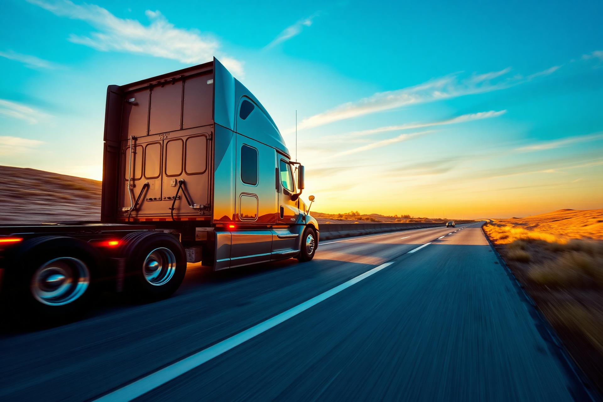 Semi-truck on highway at sunset